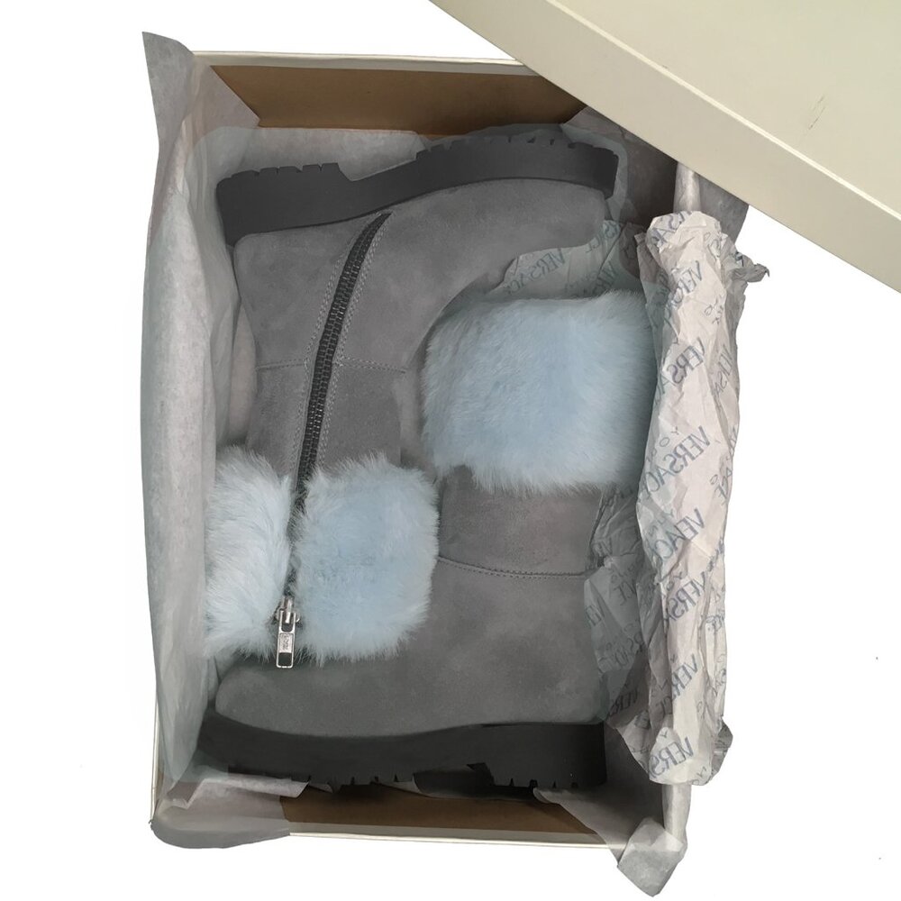 NEW Versace Young Girls Boots!  Gray Suede With Blue Faux  Fox Fur  Side Zipper